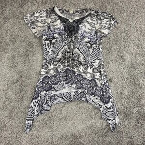 Boho‎ Paisley Lace Shirt Womens Large Black White Blue Fairy Grunge World Unity